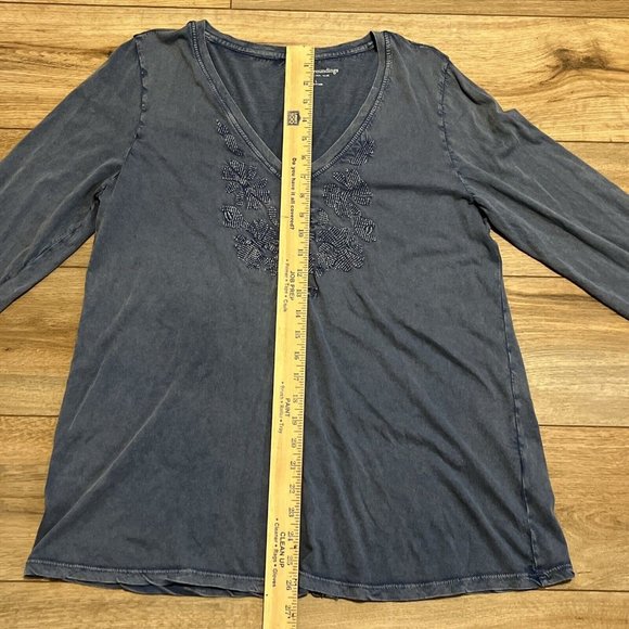 Soft Surroundings T Shirt SZ Large Blue Embroidered V Neck Long Sleeve India - Picture 6 of 10